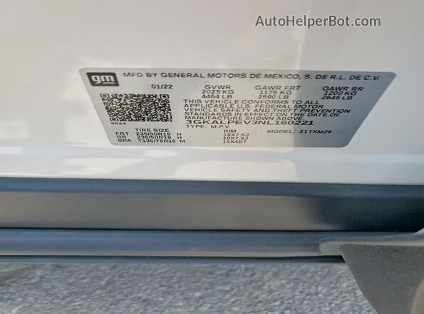 3GKALPEV3NL160221 2022 GMC TERRAIN White VIN sticker view