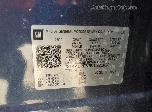 3GKALPEV5KL321020 2019 GMC TERRAIN Blue Widok naklejki z numerem VIN
