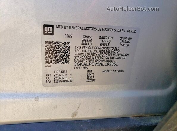 3GKALPEV5NL193351 2022 GMC TERRAIN Серебряный Вид наклейки с VIN-кодом