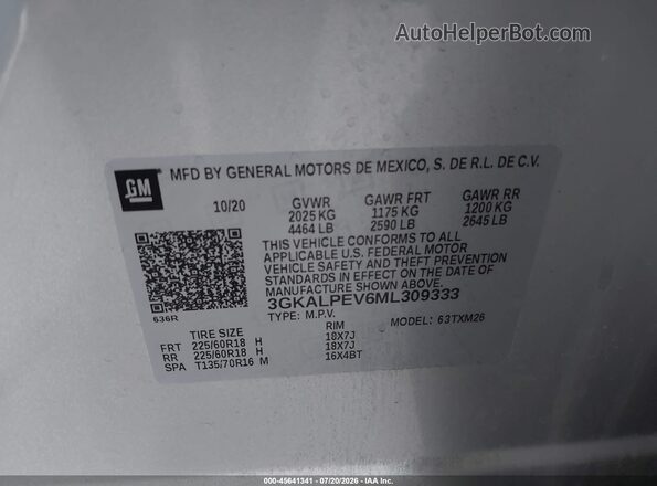 3GKALPEV6ML309333 2021 GMC TERRAIN Silver Vista del compartimento del motor