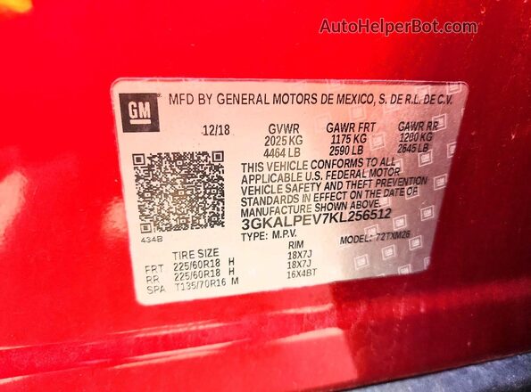 3GKALPEV7KL256512 2019 GMC TERRAIN Red VIN კოდის სტიკერის ხედი