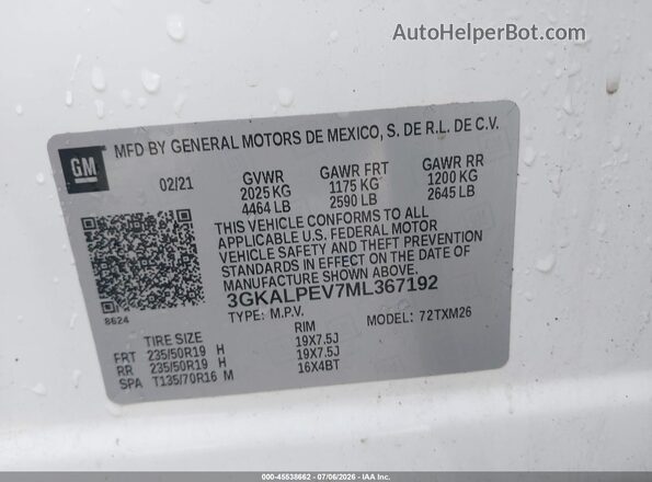 3GKALPEV7ML367192 2021 GMC TERRAIN White Engine compartment view