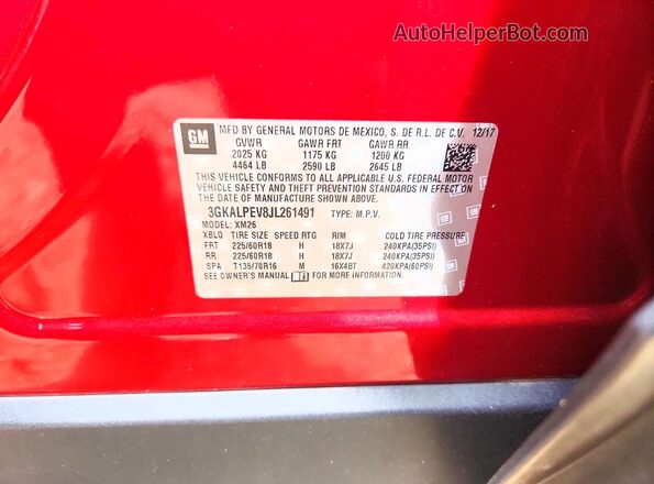 3GKALPEV8JL261491 2018 GMC TERRAIN Красный Вид наклейки с VIN-кодом