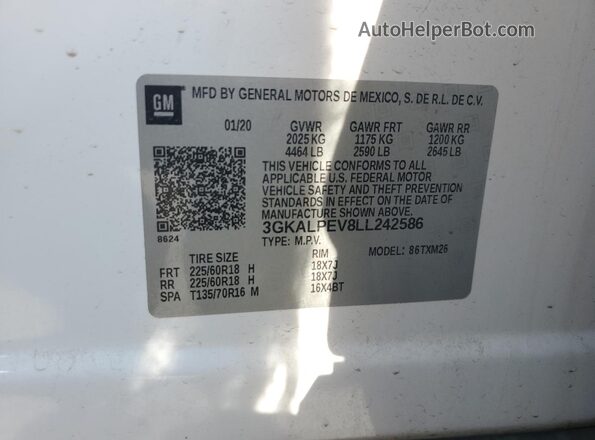 3GKALPEV8LL242586 2020 GMC TERRAIN White VIN კოდის სტიკერის ხედი