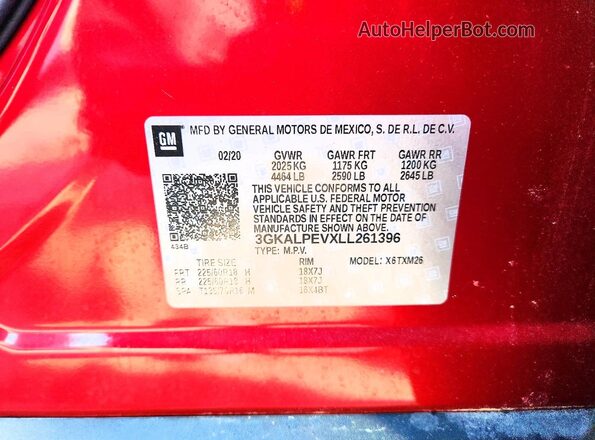 3GKALPEVXLL261396 2020 GMC TERRAIN Maroon Widok naklejki z numerem VIN