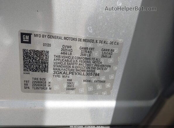 3GKALPEVXLL305784 2020 GMC TERRAIN Silver Vista del compartimento del motor