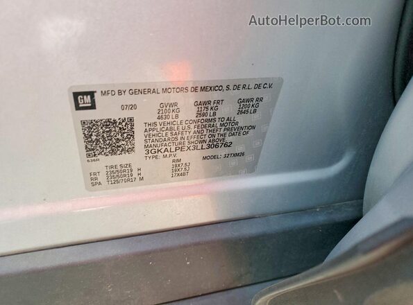 3GKALPEX3LL306762 2020 GMC TERRAIN Silver Vista de la etiqueta del VIN