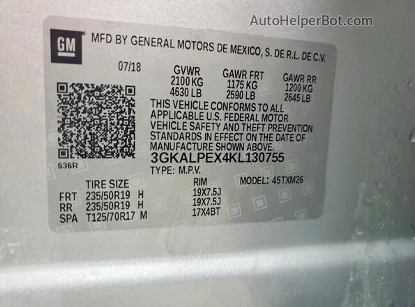 3GKALPEX4KL130755 2019 GMC TERRAIN Silver VIN კოდის სტიკერის ხედი