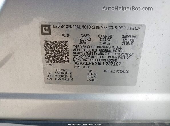 3GKALPEX5LL237167 2020 GMC TERRAIN Silver ძრავის განყოფილების ხედი