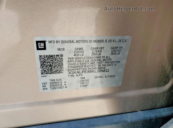 3GKALPEX6KL105811 2019 GMC TERRAIN Brown Vista de la etiqueta del VIN