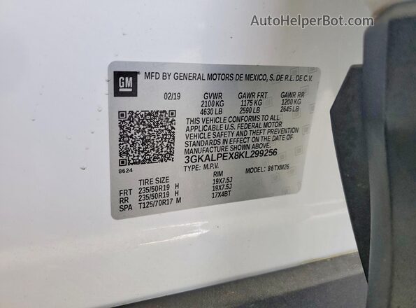 3GKALPEX8KL299256 2019 GMC TERRAIN White VIN კოდის სტიკერის ხედი