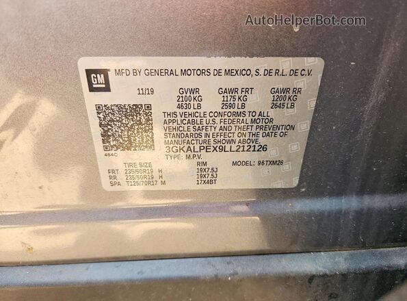 3GKALPEX9LL212126 2020 GMC TERRAIN Gray VIN կոդի պիտակի տեսք