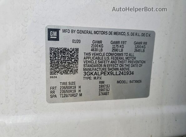 3GKALPEX9LL241934 2020 GMC TERRAIN White VIN կոդի պիտակի տեսք