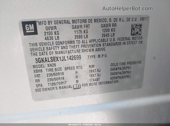 3GKALSEX1JL142699 2018 GMC TERRAIN Silver ძრავის განყოფილების ხედი