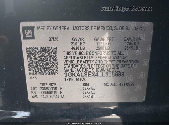 3GKALSEX4LL315683 2020 GMC TERRAIN Black Vista del compartimento del motor