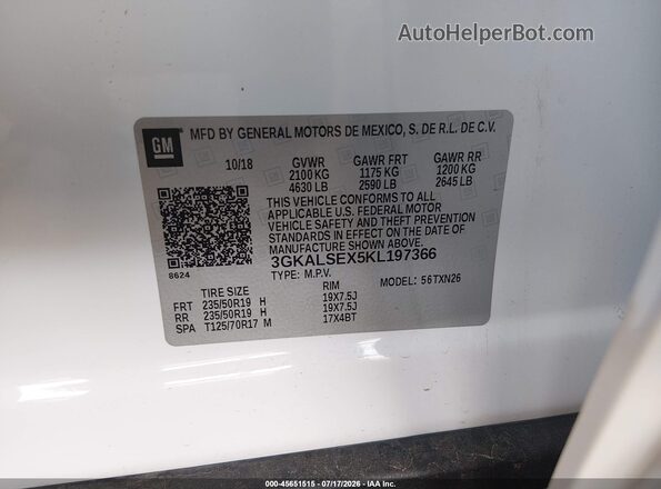 3GKALSEX5KL197366 2019 GMC TERRAIN White Շարժիչի բաժամունքի տեսք