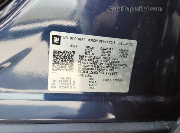 3GKALSEX9KL179937 2019 GMC TERRAIN Blue Widok naklejki z numerem VIN