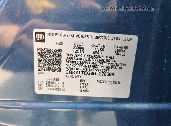 3GKALTEG8RL378686 2024 GMC TERRAIN Blue Вид наклейки з VIN-кодом