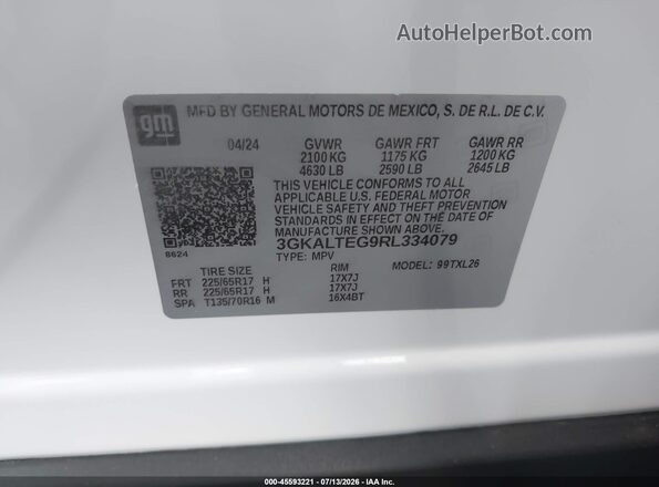 3GKALTEG9RL334079 2024 GMC TERRAIN White Vista del compartimento del motor