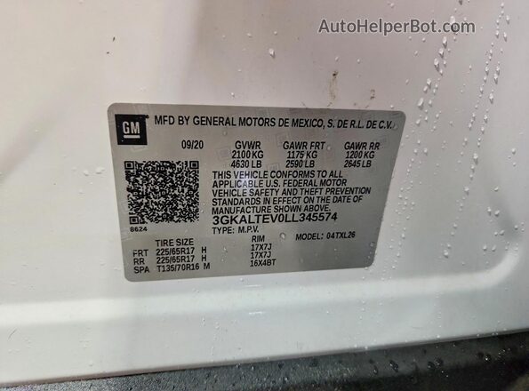 3GKALTEV0LL345574 2020 GMC TERRAIN White Vista de la etiqueta del VIN