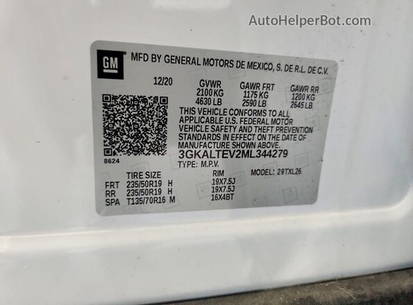 3GKALTEV2ML344279 2021 GMC TERRAIN White Widok naklejki z numerem VIN