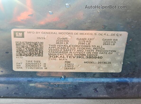 3GKALTEV3KL385940 2019 GMC TERRAIN Blue VIN կոդի պիտակի տեսք