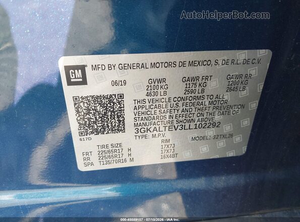 3GKALTEV3LL102292 2020 GMC TERRAIN Blue Vista del compartimento del motor