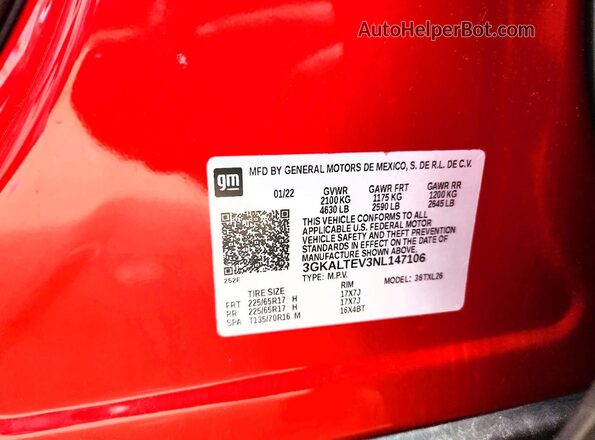 3GKALTEV3NL147106 2022 GMC TERRAIN Red Vista de la etiqueta del VIN