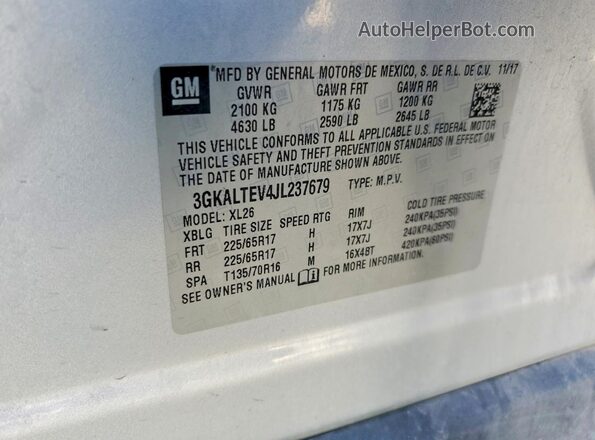 3GKALTEV4JL237679 2018 GMC TERRAIN Silver Սալոնի 360 աստիճան տեսք