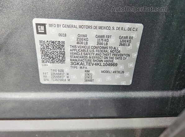 3GKALTEV4KL104969 2019 GMC TERRAIN Gray VIN კოდის სტიკერის ხედი