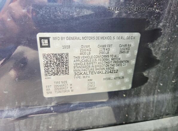 3GKALTEV4KL214212 2019 GMC TERRAIN Blue Vista del compartimento del motor