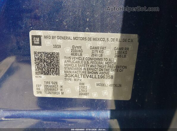 3GKALTEV4LL196358 2020 GMC TERRAIN Blue Engine compartment view