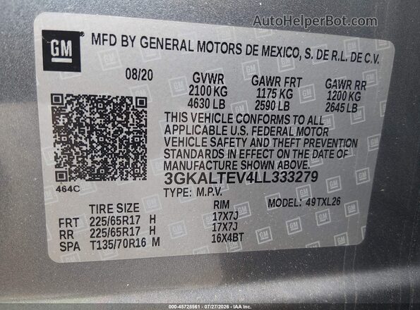 3GKALTEV4LL333279 2020 GMC TERRAIN Gray Engine compartment view