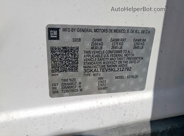 3GKALTEV5KL212792 2019 GMC TERRAIN White Vista interior de 360 grados