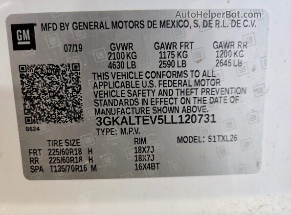 3GKALTEV5LL120731 2020 GMC TERRAIN White Vista del compartimento del motor