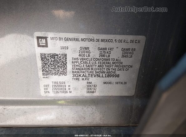 3GKALTEV5LL189998 2020 GMC TERRAIN Gray Вид підкапотного простору