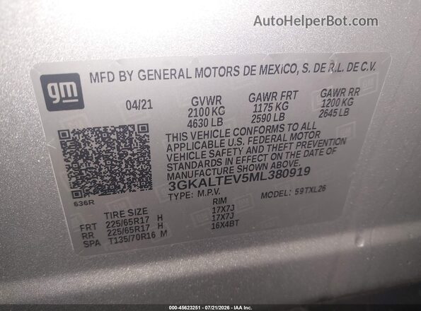 3GKALTEV5ML380919 2021 GMC TERRAIN Silver Vista del compartimento del motor