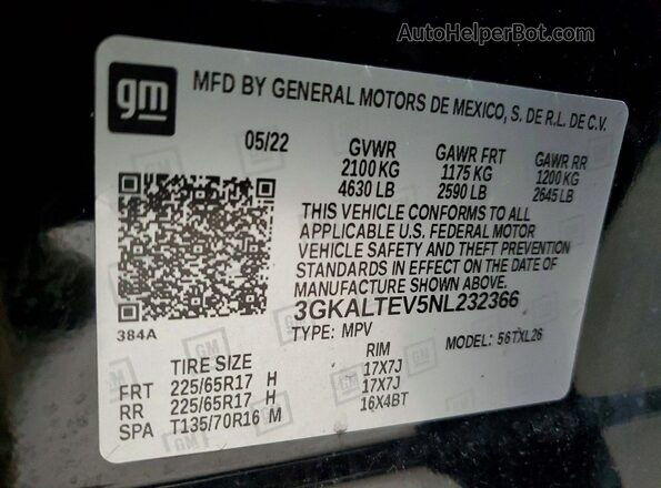 3GKALTEV5NL232366 2022 GMC TERRAIN Black Вид наклейки з VIN-кодом