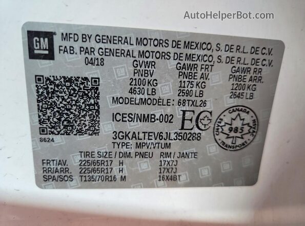 3GKALTEV6JL350288 2018 GMC TERRAIN White Engine compartment view