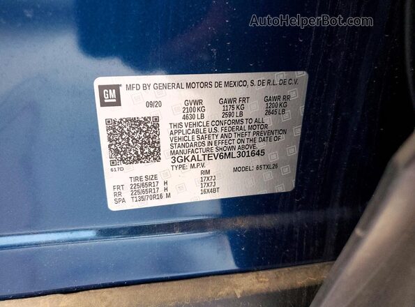 3GKALTEV6ML301645 2021 GMC TERRAIN Blue Vista de la etiqueta del VIN