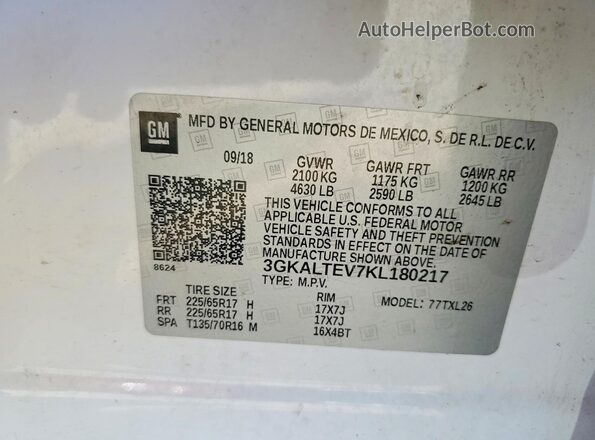 3GKALTEV7KL180217 2019 GMC TERRAIN White VIN կոդի պիտակի տեսք