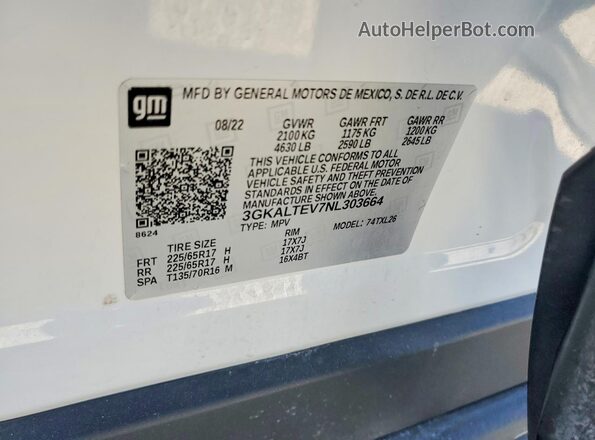 3GKALTEV7NL303664 2022 GMC TERRAIN White Vista de la etiqueta del VIN