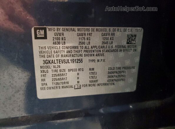 3GKALTEV8JL191256 2018 GMC TERRAIN Blue Widok naklejki z numerem VIN