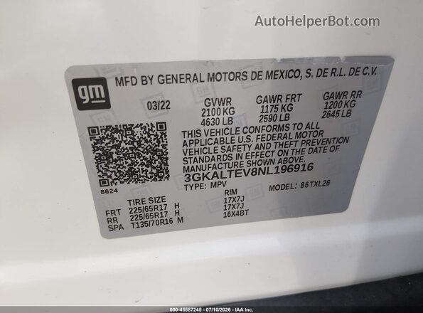 3GKALTEV8NL196916 2022 GMC TERRAIN Белый Вид подкапотного пространства