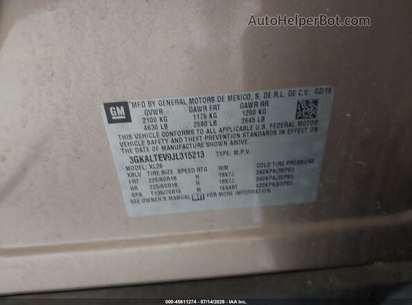 3GKALTEV9JL315213 2018 GMC TERRAIN Gold Вид підкапотного простору