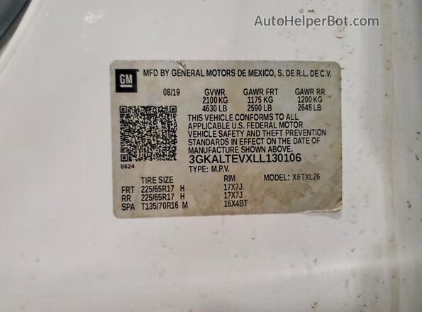 3GKALTEVXLL130106 2020 GMC TERRAIN White Вид наклейки з VIN-кодом