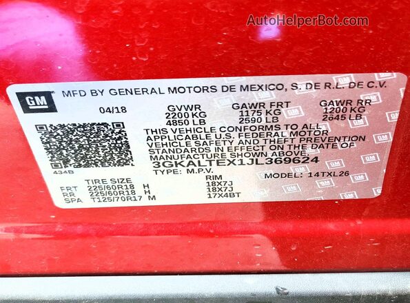 3GKALTEX1JL369624 2018 GMC TERRAIN Red Вид наклейки з VIN-кодом