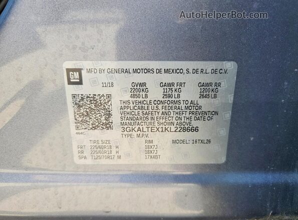 3GKALTEX1KL228666 2019 GMC TERRAIN Gray Vista de la etiqueta del VIN