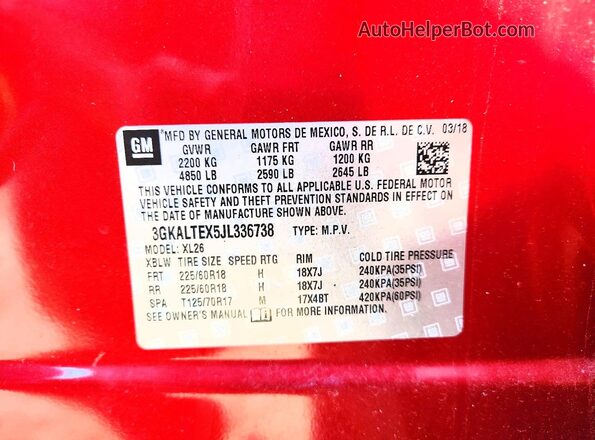 3GKALTEX5JL336738 2018 GMC TERRAIN Red Widok naklejki z numerem VIN