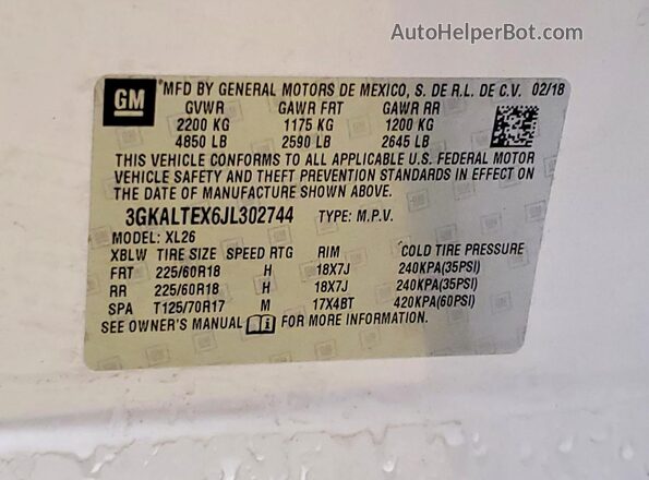 3GKALTEX6JL302744 2018 GMC TERRAIN White VIN sticker view